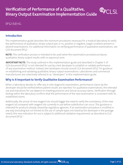 Verification of Performance of a Qualitative, Binary Output Examination Implementation Guide, 3rd Edition